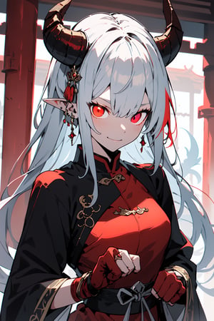 (masterpiece, best quality, ultra-detailed, best shadow), Princess dragon, long hair, friendly face, light blue martial arts master outfit, light red hair, dragon horns with red tips, dragon tail, light red eyes, pointed horns, small breasts, beautiful, the woman who reflects the sun, the emperor's right hand, tail attached to the body, The master of manipulation, chinese temple,pointy ears,serious face , calm smile ,red tail with light blue parts,dragon horns, gold jewelry, silver ring, diamond chain,Rich woman, heterochromia, perfect medium breast, glowing eyes,Pixel art,(best quality,niji,SAM YANG