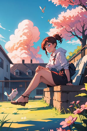 ((masterpiece)), (best quality), (best quality,4k,highres),Anime style, manga art, Light smiling, blossoms trees around her, kittens and tiny pet birds around her, Sunset sky, colouful clouds, intricate details Ultra detailed centered. Side view: A beautiful girl sits with crossed legs and watch the city buildings at her balcony and her hand under her chin, Mysterious, heterochromia, perfect medium breast, full_body, glowing eyes,