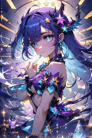((masterpiece)), (best quality), beautiful, extremely detailed face, Demon Princess, full body, female character demon, fairy dress, intricate, elegant, highly detailed, (((glowing blue eyes))), (((star-shaped pupils))), very long hair, (((multicolored hair, gradient hair, two-tone hair, blue hair, purple hair:1.2))), digital painting, artstation, perfect body, holographic glow, light particles, raytraced, alchemist room with colorful potions, concept art, magic energy wings, smooth, sharp focus, illustration, 8k, floating colorful crystals, demon lord castle background, perfect breast,glitter