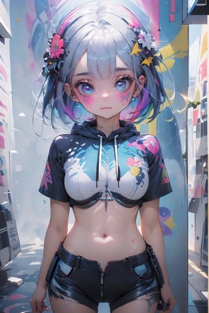 ((masterpiece)), (best quality), (ultra detailed), high quality, highres, absurdres, ultra-detailed, 8k, 1girl, platinum grey hair, blue hair, multicolored hair, gradient hair, looking at viewer, colorful eyes, colorful hoodie, (graffiti murals wall background:1.15), brilliant colorful paintings, bloom, portrait, cross hair ornament, closed mouth, waist bag, against wall, bangs, shadow, reflection,High detailed ,glitter