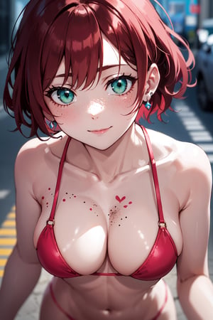 top view, volumetric lighting, best shadows, shallow depth of field, portrait of incredibly cheerful, petite, delicate girl, attractive face, seductive green eyes, happy smile, closed mouth, lovely medium breasts, (red hair), short hair, freckles, thick eyelashes, open navel, thin waist, walking down the street, (high quality, amazing details: 1.25), bright color paintings, pink bikini, bodywriting, body painting,