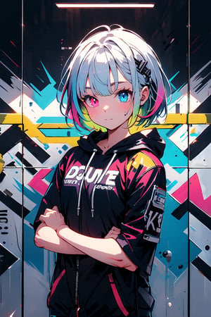 ((masterpiece)), (best quality), (ultra detailed), high quality, highres, absurdres, ultra-detailed, 8k, 1girl, platinum grey hair, blue hair, multicolored hair, gradient hair, looking at viewer, colorful eyes, colorful hoodie, (graffiti murals wall background:1.15), brilliant colorful paintings, bloom, portrait, cross hair ornament, closed mouth, waist bag, against wall, bangs, shadow, reflection,High detailed ,glitter, heterochromia