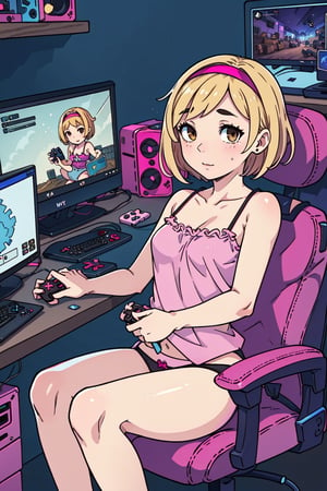 1girl, solo, blonde, short hair, pink hairband, small breasts, brown eyes, (withe camisole:1.2), gamer girl, (panties:1.3), bare legs, console, controller, computer, adventure videogames on screens, dark room, bedroom, gamerseat, sitting, gameroomconcept, webcam