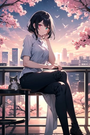 ((masterpiece)), (best quality), (best quality,4k,highres),Anime style, manga art, Light smiling, blossoms trees around her, kittens and tiny pet birds around her, Sunset sky, colouful clouds, intricate details Ultra detailed centered. Side view: A beautiful girl sits with crossed legs and watch the city buildings at her balcony and her hand under her chin, Mysterious, heterochromia, perfect medium breast, full_body, glowing eyes,
