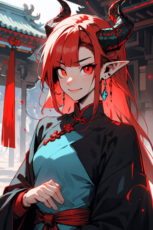 (masterpiece, best quality, ultra-detailed, best shadow), dragon woman, long hair, friendly face, light blue martial arts master outfit, light red hair, dragon horns with red tips, dragon tail, light red eyes, pointed horns, small breasts, beautiful, the woman who reflects the sun, the emperor's right hand, tail attached to the body, The master of manipulation, chinese temple,pointy ears,serious face , calm smile ,red tail with light blue parts,dragon horns, gold jewelry, silver ring, diamond chain,Rich woman, heterochromia, perfect medium breast, glowing eyes,Pixel art,(best quality,niji,SAM YANG