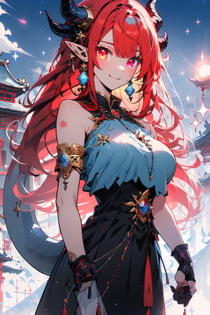 (masterpiece, best quality, ultra-detailed, best shadow), Princess dragon, long blonde hair, friendly face, light blue martial arts master outfit, light red hair, dragon horns with red tips, dragon tail, light red eyes, pointed horns, small breasts, beautiful, the woman who reflects the sun, the emperor's right hand, tail attached to the body, The master of manipulation, chinese temple,pointy ears,serious face , calm smile ,red tail with light blue parts,dragon horns, gold jewelry, silver ring, diamond chain,Rich woman, heterochromia, perfect medium breast, glowing eyes,(best quality,niji,SAM YANG,glitter