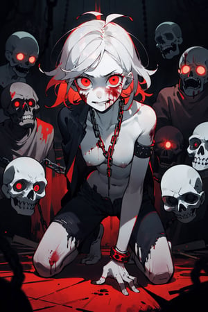 ((masterpiece)), (best quality), masterpiece, best quality, 1 girl, supine, kneeling, pale skin, messy hair, red eyes, glowing eyes, creepy, creepy smile, crazy expression, blood on face, blood on clothes, naked, creepy, scary, blood, horror, light particles, night, iron bracelets with chains