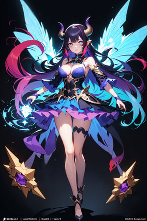 ((masterpiece)), (best quality), beautiful, extremely detailed face, Demon Princess, full body, female character demon, fairy dress, intricate, elegant, highly detailed, (((glowing blue eyes))), (((star-shaped pupils))), very long hair, (((multicolored hair, gradient hair, two-tone hair, blue hair, purple hair:1.2))), digital painting, artstation, perfect body, holographic glow, light particles, raytraced, alchemist room with colorful potions, concept art, magic energy wings, smooth, sharp focus, illustration, 8k, floating colorful crystals, demon lord castle background, perfect breast,