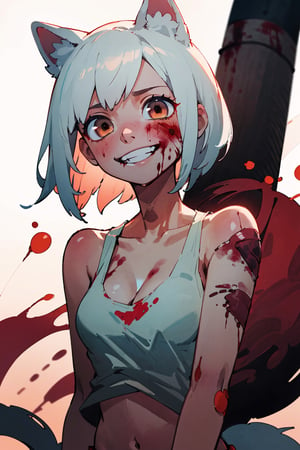 ((masterpiece)), (best quality), masterpiece, best quality, highres, 1girl, solo, animal ears, white hair, short hair, brown eyes, tail, medium breasts, navel, white panties, tank top, cleavage, (((upper body))), standing, grin, ((blood on face)), blood on hand, murderer, close-up, perfect anatomy, ((balanced lighting))