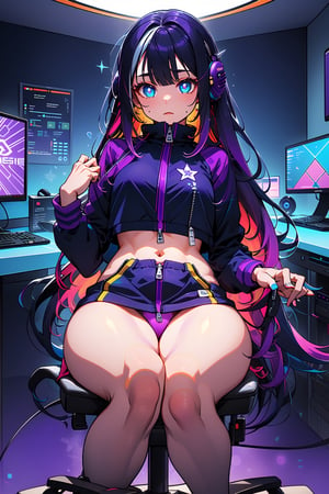 (((master piece, best quality))), (((sharp focus))), 1girl, (((long black hair))), very long hair, (((multicolored hair, gradient hair, two-tone hair, blue hair, purple hair:1.2))), (((glowing blue eyes))), (((star-shaped pupils))), a e-girl playing in a computer, gaming headphones, (Black sweatshirt with zipper open:1.4), (uncover body:1.2), (cotton underwear:1.4), sitting in a game chair, (fish eye lent:0.9), detalied dark bedroom illuminated with rgb, ((clothes are open))