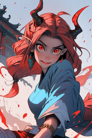 (masterpiece, best quality, ultra-detailed, best shadow), Princess dragon, long hair, friendly face, light blue martial arts master outfit, light red hair, dragon horns with red tips, dragon tail, light red eyes, pointed horns, small breasts, beautiful, the woman who reflects the sun, the emperor's right hand, tail attached to the body, The master of manipulation, chinese temple,pointy ears,serious face , calm smile ,red tail with light blue parts,dragon horns, gold jewelry, silver ring, diamond chain,Rich woman, heterochromia, perfect medium breast, glowing eyes,(best quality,niji,SAM YANG