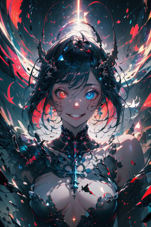 ((masterpiece)), (best quality), (ultra detailed) 1 girl, Surrounded by demons, he is covered in blood and dressed in a tattered white priest's uniform.（Battle）White priest with a crazy smile working, glitter, heterochromia, perfect medium breast,High detailed ,midjourney, fullbody, night sky background