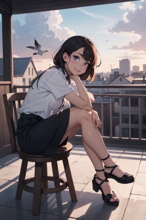 ((masterpiece)), (best quality), (best quality,4k,highres),Anime style, manga art, Light smiling, blossoms around her, kittens and tiny pet birds around her, Sunset sky, colouful clouds, intricate details Ultra detailed centered. Side view: A beautiful girl sits with crossed legs and watch the city buildings at her balcony and her hand under her chin, Mysterious, heterochromia, perfect medium breast, full_body, glowing eyes,