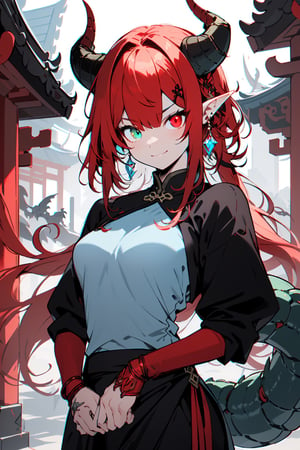 (masterpiece, best quality, ultra-detailed, best shadow), Princess dragon, long hair, friendly face, light blue martial arts master outfit, light red hair, dragon horns with red tips, dragon tail, light red eyes, pointed horns, small breasts, beautiful, the woman who reflects the sun, the emperor's right hand, tail attached to the body, The master of manipulation, chinese temple,pointy ears,serious face , calm smile ,red tail with light blue parts,dragon horns, gold jewelry, silver ring, diamond chain,Rich woman, heterochromia, perfect medium breast, glowing eyes,Pixel art,(best quality,niji,SAM YANG