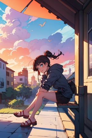 ((masterpiece)), (best quality), (best quality,4k,highres),Anime style, manga art, Light smiling, blossoms trees around her, kittens and tiny pet birds around her, Sunset sky, colouful clouds, intricate details Ultra detailed centered. Side view: A beautiful girl sits with crossed legs and watch the city buildings at her balcony and her hand under her chin, Mysterious, heterochromia, perfect medium breast, full_body, glowing eyes,