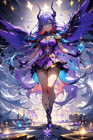 ((masterpiece)), (best quality), beautiful, extremely detailed face, Demon Princess, full body, female character demon, demon armor, intricate, elegant, highly detailed, (((glowing blue eyes))), (((star-shaped pupils))), very long hair, (((multicolored hair, gradient hair, two-tone hair, blue hair, purple hair:1.2))), digital painting, artstation, perfect body, holographic glow, light particles, raytraced, alchemist room with colorful potions, concept art, magic energy wings, smooth, sharp focus, illustration, 8k, floating colorful crystals, demon lord castle background, perfect breast,glitter