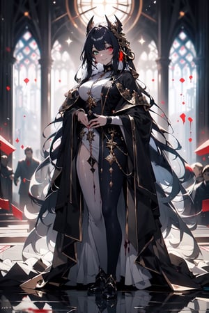 ((masterpiece)), (best quality), (ultra detailed) 1 girl, Surrounded by demons, he is covered in blood and dressed in a tattered white priest's uniform.（Battle）White priest with a crazy smile working, glitter, heterochromia, perfect medium breast,High detailed ,midjourney, fullbody,