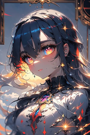 ((masterpiece)), (best quality),masterpiece, best quality, movie still, 1girl, monstergirl, crow woman, full body, portrait, detailed (eyes), long (hair), perfect body, proportional body, crow|raven wings,  full_body, cold soft lighting, sunset, (aura:0.7), perfect medium breast, glitter, glowing eyes,