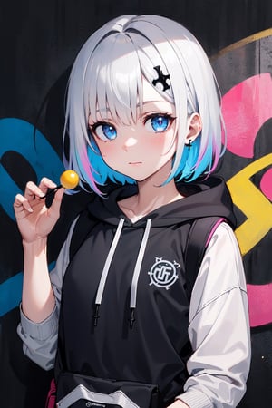 ((masterpiece)), (best quality), (ultra detailed), high quality, highres, absurdres, ultra-detailed, 8k, 1girl, platinum grey hair, blue hair, multicolored hair, gradient hair, looking at viewer, colorful eyes, colorful hoodie, (graffiti murals wall background:1.15), brilliant colorful paintings, bloom, portrait, cross hair ornament, closed mouth, waist bag, against wall, bangs, shadow, reflection