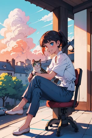 ((masterpiece)), (best quality), (best quality,4k,highres),Anime style, manga art, Light smiling, blossoms trees around her, kittens and tiny pet birds around her, Sunset sky, colouful clouds, intricate details Ultra detailed centered. Side view: A beautiful girl sits with crossed legs and watch the fantasy city buildings at her balcony and her hand under her chin, Mysterious, heterochromia, perfect medium breast, full_body, glowing eyes,