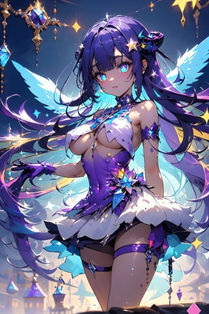 ((masterpiece)), (best quality), beautiful, extremely detailed face, Demon Princess, full body, female character demon, demon dress, intricate, elegant, highly detailed, (((glowing blue eyes))), (((star-shaped pupils))), very long hair, (((multicolored hair, gradient hair, two-tone hair, blue hair, purple hair:1.2))), digital painting, artstation, perfect body, holographic glow, light particles, raytraced, alchemist room with colorful potions, concept art, magic energy wings, smooth, sharp focus, illustration, 8k, floating colorful crystals, demon lord castle background, perfect breast,glitter