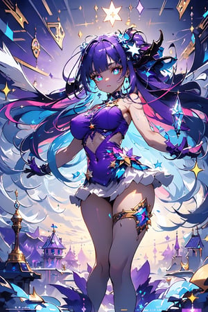 ((masterpiece)), (best quality), beautiful, extremely detailed face, Demon Princess, full body, female character demon, fairy dress, intricate, elegant, highly detailed, (((glowing blue eyes))), (((star-shaped pupils))), very long hair, (((multicolored hair, gradient hair, two-tone hair, blue hair, purple hair:1.2))), digital painting, artstation, perfect body, holographic glow, light particles, raytraced, alchemist room with colorful potions, concept art, magic energy wings, smooth, sharp focus, illustration, 8k, floating colorful crystals, demon lord castle background, perfect breast,glitter