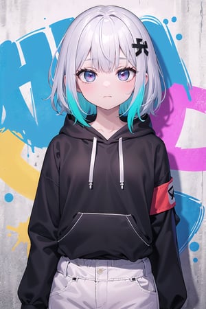 ((masterpiece)), (best quality), (ultra detailed), high quality, highres, absurdres, ultra-detailed, 8k, 1girl, platinum grey hair, blue hair, multicolored hair, gradient hair, looking at viewer, colorful eyes, colorful hoodie, (graffiti murals wall background:1.15), brilliant colorful paintings, bloom, portrait, cross hair ornament, closed mouth, waist bag, against wall, bangs, shadow, reflection