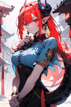 (masterpiece, best quality, ultra-detailed, best shadow), Princess dragon, long blonde hair, friendly face, light blue martial arts master outfit, light red hair, dragon horns with red tips, dragon tail, light red eyes, pointed horns, small breasts, beautiful, the woman who reflects the sun, the emperor's right hand, tail attached to the body, The master of manipulation, chinese temple,pointy ears,serious face , calm smile ,red tail with light blue parts,dragon horns, gold jewelry, silver ring, diamond chain,Rich woman, heterochromia, perfect medium breast, glowing eyes,(best quality,niji,SAM YANG,glitter