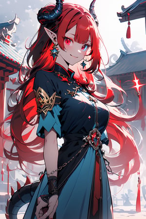 (masterpiece, best quality, ultra-detailed, best shadow), Princess dragon, long hair, friendly face, light blue martial arts master outfit, light red hair, dragon horns with red tips, dragon tail, light red eyes, pointed horns, small breasts, beautiful, the woman who reflects the sun, the emperor's right hand, tail attached to the body, The master of manipulation, chinese temple,pointy ears,serious face , calm smile ,red tail with light blue parts,dragon horns, gold jewelry, silver ring, diamond chain,Rich woman, heterochromia, perfect medium breast, glowing eyes,(best quality,niji,SAM YANG,glitter