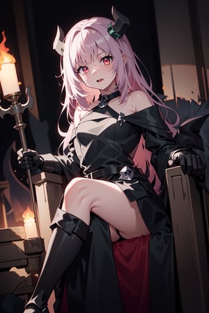 A dark-haired girl with red eyes wearing, long black hair with bangs, gothic movie lighting, black_dress, little crown, pink_long_hair, green_eyes, bare_shoulder, devil horns, Armor, shield, ,greaves, scepter, gauntlets, demons, torchlight, throne, cartoon