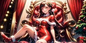 A woman in pretty boots and a short red dress sits on one knee, smiling and smiling, surrounded by the magic of Christmas, highest image quality, masterpiece, depth of subject, slightly blurred background