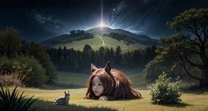 fine art,  oil painting, two parts in one art, double exposure, best quality, dark tales,   close up cute tiny ginger-haired girl and big detailed  Totoro  in a rye field under Van Gogh starry sky,  forest, detailed face, big eyes Craola, Dan Mumford, Andy Kehoe, 2d, flat, cute, adorable, vintage, art on a cracked paper, fairytale, storybook detailed illustration, cinematic, ultra highly detailed, tiny details, beautiful details, mystical, luminism, vibrant colors, complex background,