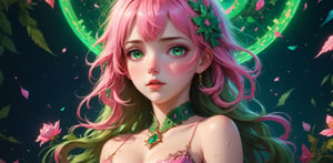 (absurdres, highres, ultra detailed), 1girl, mature female, wavy green/pink hair, long hair, blunt bangs, green eyes, pink dress, finely detailed eyes and detailed face, extremely detailed CG unity 8k wallpaper, intricate details, BREAK, kaleidoscopic imagery, very big breast, 

dynamic background, 4k resolution, masterpiece, best quality, Photorealistic, whimsical, illustration by MSchiffer, cinematic lighting, Hyper detailed, atmospheric, vibrant, dynamic studio lighting, wlop, Glenn Brown, Carne Griffiths, Alex Ross, artgerm and james jean, spotlight, fantasy, surreal