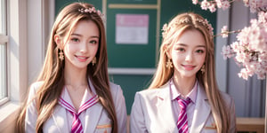2 young girls, bright smile, Beautiful girl of the highest grade, Super beautiful detailed face, (High School Uniform), bared chest, Gloss on lips, very Long hair, Parted lips, Staring at me, cherry blossom themes, magical School, class room, windows, hair pin, earings, ,xxmix_girl,High detailed ,EpicArt,school uniform,jp_school_uniform,Realism