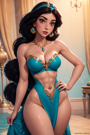 (masterpiece, best quality, ultra-detailed, 8K),High detailed, picture perfect face,blush,freckled, girl,perfect female body,hourglass body shape,slim waist,thic hips,abs,pink lips,skimpy dress,long hair,black hair,emerald earring,(brown eyes),princess jasmine,disney,jasmine,