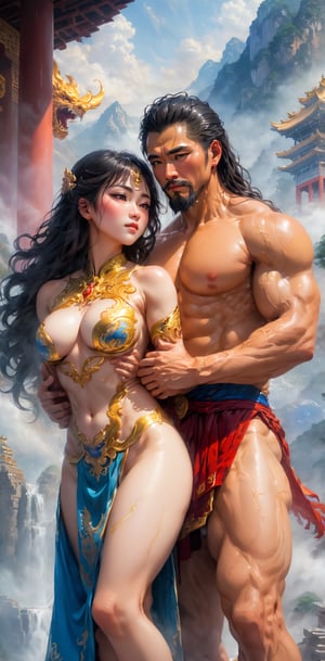 (couple cuddling) rough man Zeus muscular naked, beautiful, sexy, big breasts, cleavage, bare legs, see-through, standing, hanfu, wet, clear, realistic, highest detail, Chinese mythology, dragon pattern, phoenix, sacred, holy, golden mountains, heavenly palace, countless palaces, clouds, golden light