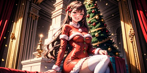 A woman in pretty boots and a short red dress sits on one knee, smiling and smiling, surrounded by the magic of Christmas, highest image quality, masterpiece, depth of subject, slightly blurred background