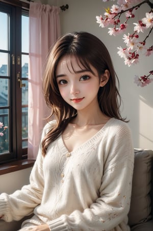 masutepiece, hight resolution, living room, dim light, virant color, cozy warm atmosfer, in the sofa, 30-year-old girl, Smiling at the camera, Finish as shown in the photo, the skin is milk white and beautiful, inner colored, Hair should be tied back, flower in hand, detailed room, window view, cherry_blossoms, falling_petals,