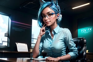 (1girl:2), (solo:1.5), official art, unity 8k wallpaper, ultra detailed, beautiful and aesthetic, beautiful, masterpiece, best quality, dynamic angle, vivid colours, (wearing glasses:1.5),(smile:1.5), (sitting behind a large desk:2), glass desk, (sci-fi office:2), office chair, copmuter, (mini_skirt:1.5), (metal walls:1.5)

(fox ears:2), 1girl, 23yo, high ponytail, ([long] blue straight hair:1.5), huge natural breasts, narrow waists, (dress_shirt:1.5), (blue hair:2)

 [very] sexy pose, [cinematic shot], cinematic lighting,  wide shot,
(normal body structure):1.2, (correct proportions):1.2, (normal limbs and fingers):1.2, (better_hands):1.3, 
masterpiece, best quality, high resolution, han-hyoju,High detailed , full_body:2,koh-yunjung