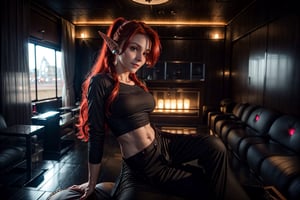 beautiful female, 28yo, crimson hair, red eyes, medium hair, ponytail, glowing bulb, high detailed skin:1.2), 8K, UHD, soft lighting, high quality, film grain, big_breast, elven:1.8, smile. pointed_ears:1.8, elven_ears:1.8, elf_ears:1.5, (elf_species:1.5), full_body:1.8, thin_legs:1.5, thin_waist:1.5, wide_shot:1.5, (private lounge:2), (pants:2), (hallter top;2), sitting:2, sitting on couch:2, jacket:2, ,eexpr,better_hands