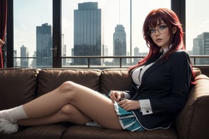 Rias Gremory reclines on a plush couch, her crimson locks styled to perfection as she gazes off-camera with sultry intensity. Her turquoise-blue eyes sparkle in the soft, natural lighting that highlights moles and beauty marks on her skin. A school uniform clad, glasses perched on her nose, she exudes authority in her full-body pose. The modern living room background features sleek furniture, a large window framing the cityscape's towering skyscrapers and bustling streets.