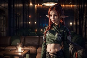 beautiful female, 28yo, crimson hair, red eyes, medium hair, ponytail, glowing bulb, high detailed skin:1.2), 8K, UHD, soft lighting, high quality, film grain, big_breast, elven:1.8, smile. pointed_ears:1.8, elven_ears:1.8, elf_ears:1.5, (elf_species:1.5), full_body:1.8, thin_legs:1.5, thin_waist:1.5, wide_shot:1.5, (private lounge:2), (cargo pants:2), (hallter top;2), sitting:2, sitting on couch:2