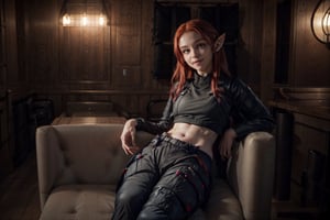 beautiful female, 28yo, crimson hair, red eyes, medium hair, ponytail, glowing bulb, high detailed skin:1.2), 8K, UHD, soft lighting, high quality, film grain, big_breast, elven:1.8, smile. pointed_ears:1.8, elven_ears:1.8, elf_ears:1.5, (elf_species:1.5), full_body:1.8, thin_legs:1.5, thin_waist:1.5, wide_shot:1.5, (private lounge:2), (cargo pants:2), (hallter top;2), sitting:2, sitting on couch:2, jacket:2, ,eexpr