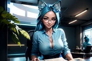 (1girl:2), (solo:1.5), official art, unity 8k wallpaper, ultra detailed, beautiful and aesthetic, beautiful, masterpiece, best quality, dynamic angle, vivid colours, (wearing glasses:1.5),(smile:1.5), (sitting behind a large desk:2), glass desk, (sci-fi office:1.5), office chair, copmuter, (mini_skirt:1.5)

(fox ears:2), 1girl, 23yo, high ponytail, ([long] blue straight hair:1.5), huge natural breasts, narrow waists, (dress_shirt:1.5), (blue hair:2)

 [very] sexy pose, [cinematic shot], cinematic lighting,  wide shot,
(normal body structure):1.2, (correct proportions):1.2, (normal limbs and fingers):1.2, (better_hands):1.3, 
masterpiece, best quality, high resolution, han-hyoju,High detailed , full_body:2,koh-yunjung