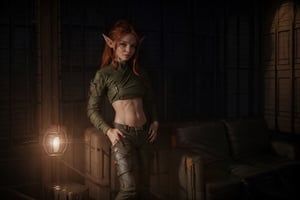 beautiful female, 28yo, crimson hair, red eyes, medium hair, ponytail, glowing bulb, high detailed skin:1.2), 8K, UHD, soft lighting, high quality, film grain, big_breast, elven:1.8, smile. pointed_ears:1.8, elven_ears:1.8, elf_ears:1.5, (elf_species:1.5), full_body:1.8, thin_legs:1.5, thin_waist:1.5, wide_shot:1.5, (private lounge:2), (cargo pants:2), (hallter top;2), sitting:2, sitting on couch:2, jacket:2, 