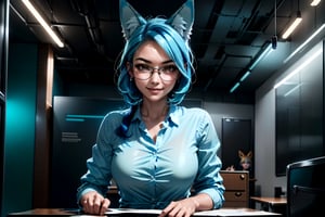 (1girl:2), (solo:1.5), official art, unity 8k wallpaper, ultra detailed, beautiful and aesthetic, beautiful, masterpiece, best quality, dynamic angle, vivid colours, (wearing glasses:1.5),(smile:1.5), (sitting behind a large desk:2), glass desk, (sci-fi office:2), office chair, copmuter, (mini_skirt:1.5), (metal walls:1.5), reception:2, (large desk:2)

(fox ears:2), 1girl, 23yo, high ponytail, ([long] blue straight hair:1.5), huge natural breasts, narrow waists, (dress_shirt:1.5), (blue hair:2)

 [very] sexy pose, [cinematic shot], cinematic lighting,  wide shot,
(normal body structure):1.2, (correct proportions):1.2, (normal limbs and fingers):1.2, (better_hands):1.3, 
masterpiece, best quality, high resolution, han-hyoju,High detailed , full_body:2,koh-yunjung