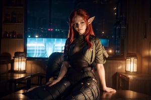 beautiful female, 28yo, crimson hair, red eyes, medium hair, ponytail, glowing bulb, high detailed skin:1.2), 8K, UHD, soft lighting, high quality, film grain, big_breast, elven:1.8, smile. pointed_ears:1.8, elven_ears:1.8, elf_ears:1.5, (elf_species:1.5), full_body:1.8, thin_legs:1.5, thin_waist:1.5, wide_shot:1.5, (private lounge:2), (cargo pants:2), (hallter top;2), sitting:2, sitting on couch:2, jacket:2, ,eexpr,better_hands