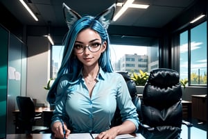 (1girl:2), (solo:1.5), official art, unity 8k wallpaper, ultra detailed, beautiful and aesthetic, beautiful, masterpiece, best quality, dynamic angle, vivid colours, (wearing glasses:1.5),(smile:1.5), (sitting behind a large desk:2), glass desk, (sci-fi office:2), office chair, copmuter, (mini_skirt:1.5), (metal walls:1.5), reception:2, (large executive desk:2)

(fox ears:2), 1girl, 23yo, high ponytail, ([long] blue straight hair:1.5), huge natural breasts, narrow waists, (dress_shirt:1.5), (blue hair:2)

 [very] sexy pose, [cinematic shot], cinematic lighting,  wide shot,
(normal body structure):1.2, (correct proportions):1.2, (normal limbs and fingers):1.2, (better_hands):1.3, 
masterpiece, best quality, high resolution, han-hyoju,High detailed , full_body:2,koh-yunjung