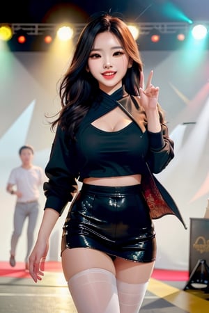 beautiful asian girl, realistic face, blowing kiss gesture, walking on stage towards viewer, looking_at_viewer, natural smile, white teeth, perfect teeth, pale skin, black pantyhose, sexy outfit,v4ni4