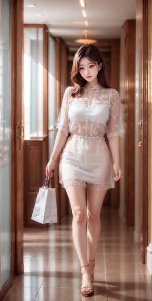 1girl,18-year-old.beautiful.cute,Perfect,stockings,Premium shopping bag,highest quality,realistic,Hotel (corridor),happy